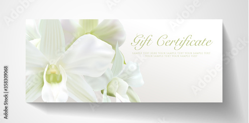 Gift certificate, Voucher with realistic white orchid flower bouquet. Blank background template useful for wedding design, 8 March invitation card or coupon, funeral thank you card