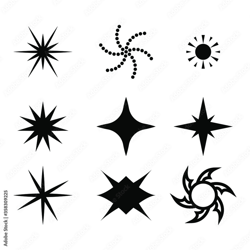 Set Black Collection Star Icons Sparkles Vector Symbols Shine Elements