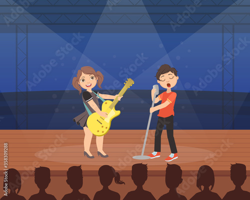 Cute Girl and Boy Playing Guitar and Singing on Stage, Talented Young Musicians Performing at Concert or Music Festival Vector Illustration