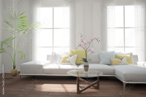 modern room with sofa table and plants interior design. 3D illustration