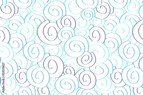 Blue mollusc shell seamless pattern on white isolated background. Hand drawn doodle vector illustration for fabric, textile, wallpaper, cover, backdrop