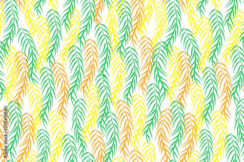 Pretty willow branch seamless pattern in green yellow and orange palette. Bright autumn vector illustration for different print design, fabric, textile, wallpaper, cover 
