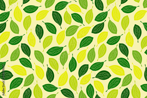 Fresh basil vector seamless pattern on bright lemon background. Hand drawn doodle foliage illustration for print design, wallpaper, wrapping paper, cover, menu