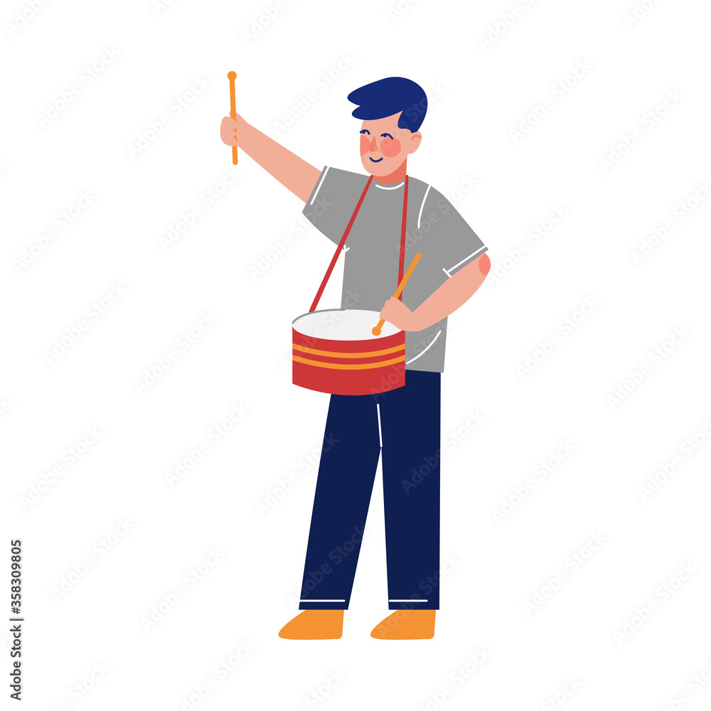 Teen Boy Playing Drum Musical Instrument, Young Talented Male Musician Character Vector Illustration on White Background