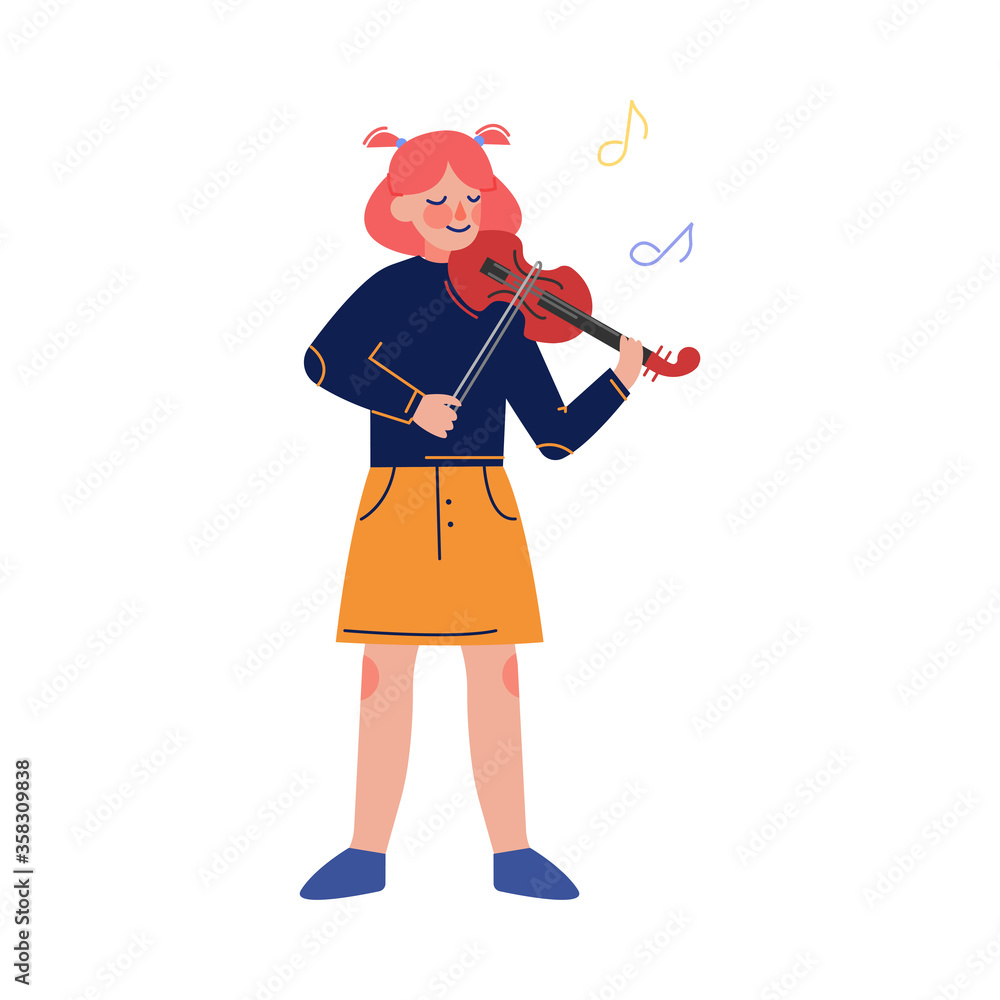 Teen Girl Playing Violin Musical Instrument, Young Talented Violinist Musician Character Vector Illustration on White Background