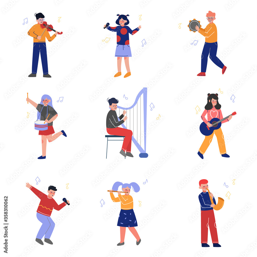 Teen Boys and Girls Playing Different Musical Instruments and Singing, Talented Musicians Characters Playing Guitar, Violin, Drum, Flute, Saxophone, Harp, Guitar, Tambourine Vector Illustration