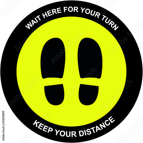 New normal. Social distance signal. Keep your social distance. Wait here for your turn. Coronavirus devices.