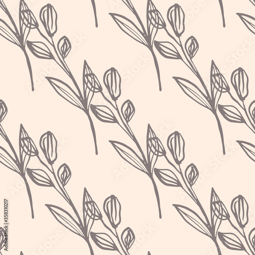 Vintage line art leaf seamless pattern. Botanical background. Retro floral wallpaper.