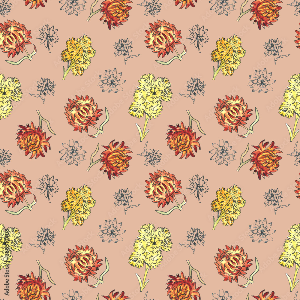 Seamless pattern of immortelle flowers and some other potpourris on a warm orange background. Watercolor and liner hand-drawn elements. Elegant and bright floral print for textile and any paper goods.