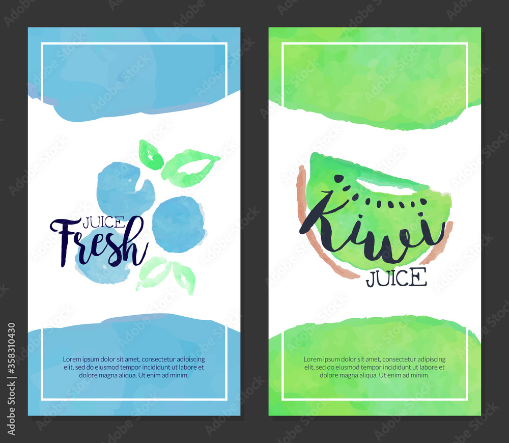 Fresh Juice, Banner Template Set, Sweet Fruits Drink Watercolor Vertical Hand Drawn Vector Illustration