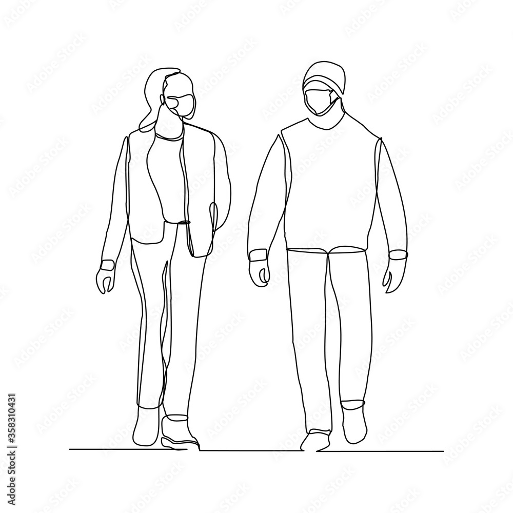 Continuous line drawing of man and woman walking wear medical mask to protect virus and disease. Vector illustration Continuous line drawing of man and woman walking wear medical mask to protect virus and disease. Vector illustration