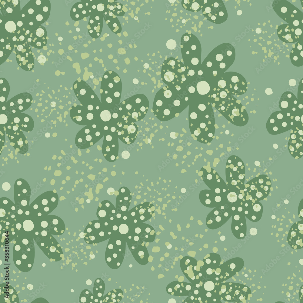 Grunge flower bud daisy seamless pattern on green background. Doodle floral endless wallpaper.
