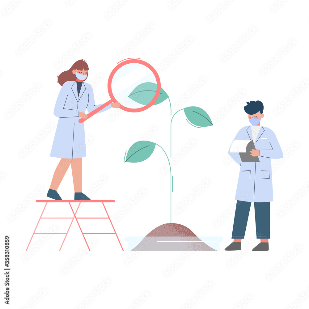 Scientists in Lab, Team of Bioengineers in White Coat and Medical Face Mask Doing Professional Science Researchers with Plant and Magnifying Gass Flat Style Vector Illustration