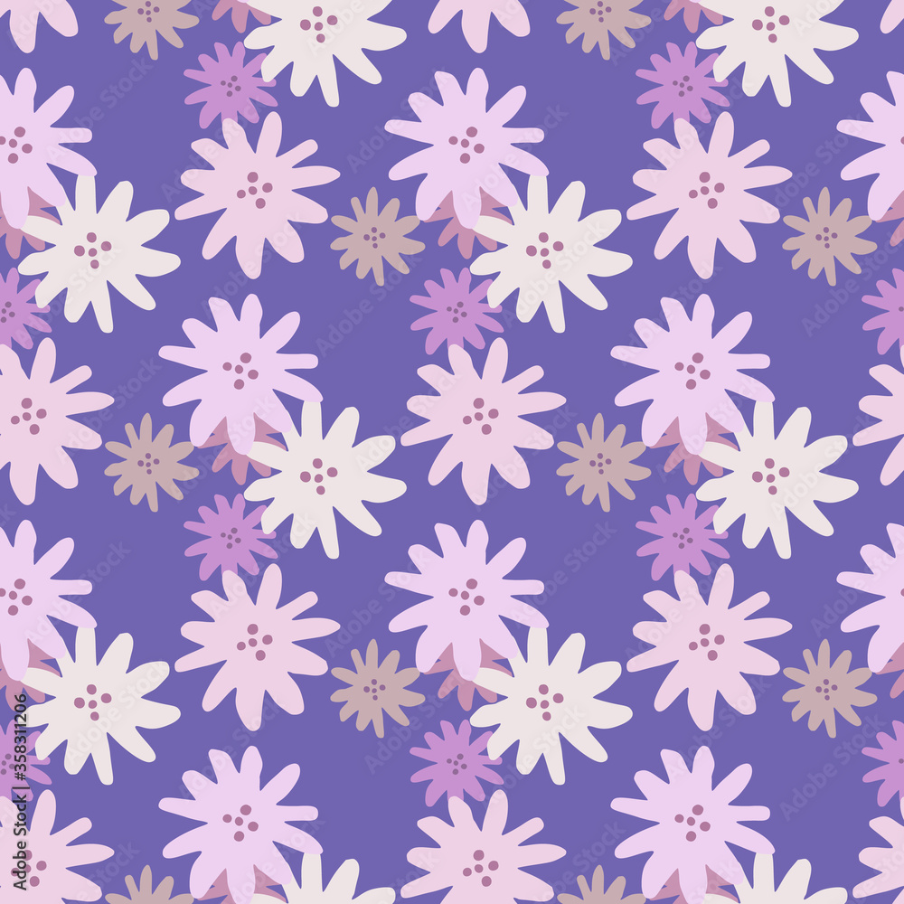Chamomiles floral endless wallpaper. Cute daisies flowers seamless pattern on purple background. Chamomiles floral endless wallpaper. Cute daisies flowers seamless pattern on purple background.