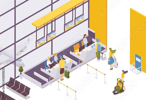 Isometric airport check-in service counter with passengers and agent. 3d statement of tickets, baggage claim.