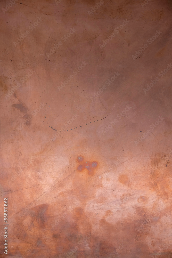 Copper surface. Scratched copper plate in daylight in Ukraine. Copy