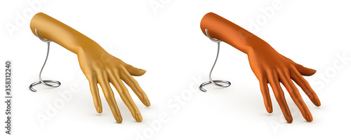 Female graceful hands on a stand. Plastic mannequins of gold and bronze color. Vector 3d realistic illustration isolated on white background.