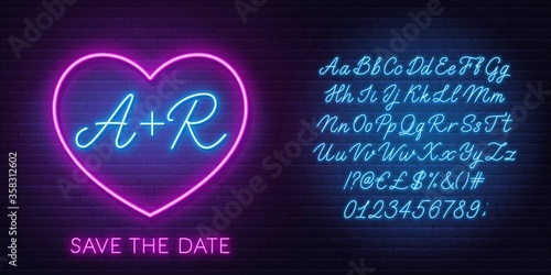 Neon initials in the heart. Neon blue script font. Glowing symbol of love. The template can be used for a wedding invitation or a Valentine's Day card.