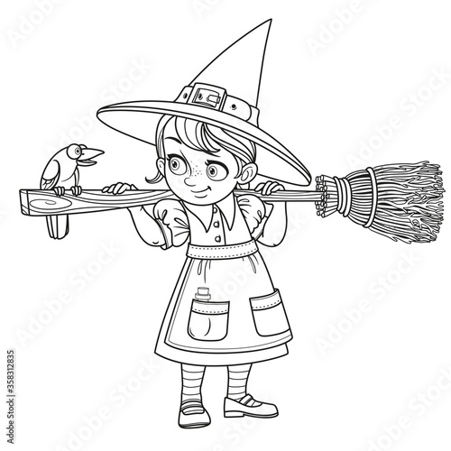 Cute girl witch holding broom and a talking with raven outlined on a white background