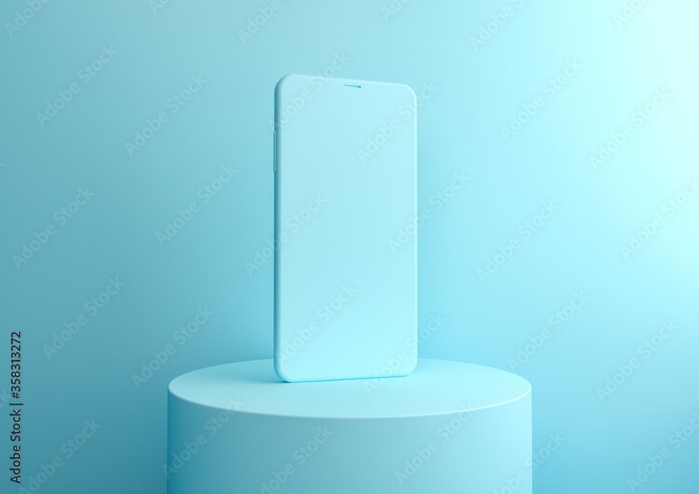 3d rendered light blue background with smartphone on round stand. Device screen mockup on minimal background for presentation or application design show. 3d rendered light blue background with smartphone on round stand. Device screen mockup on minimal background for presentation or application design show.