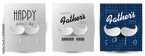 happy fathers day 3 banner . Father's day gray and blue  design. Holiday design, checkered blue background, paper cut out mustache shaped, paper cut out art style, vector illustration. hanging letters