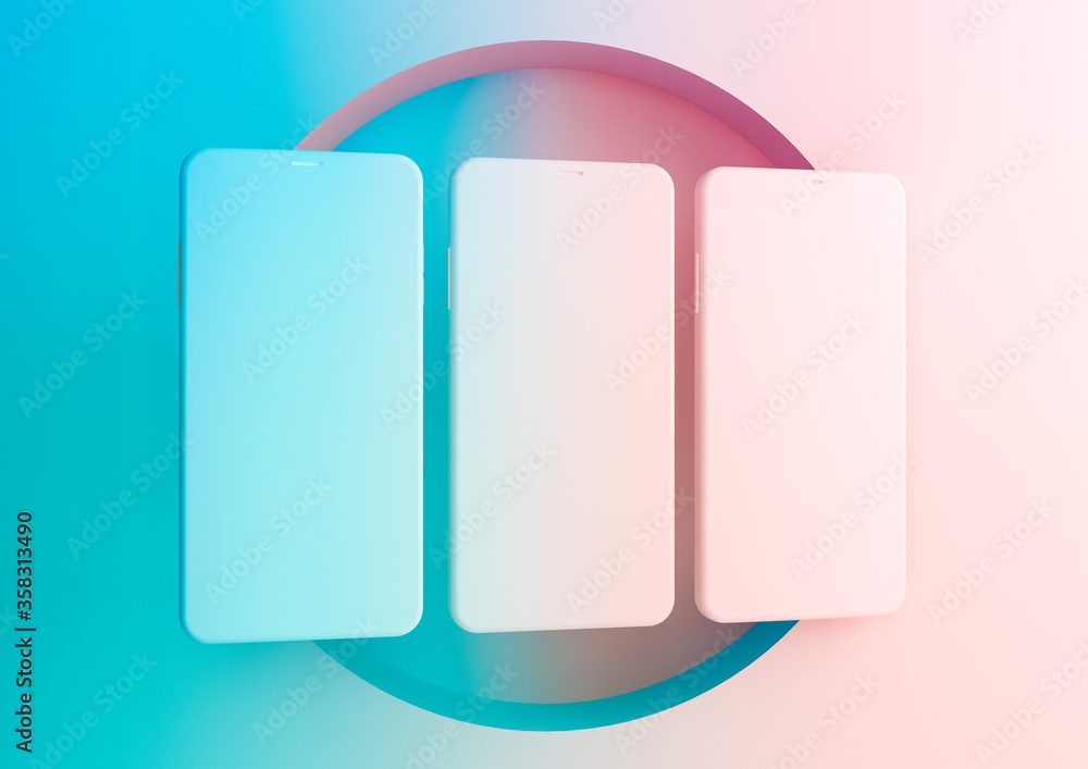 Set of three smartphones on gradient blue and pink background. Device screen mockup on minimal background for presentation or application design show. 3d render illustration.