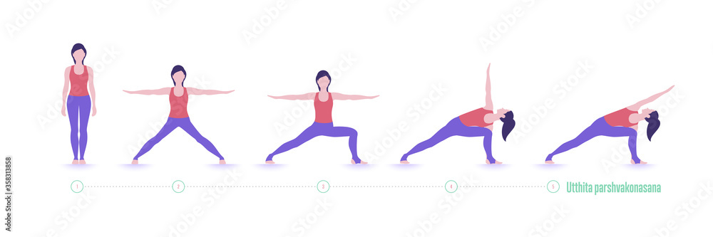 Yoga pose. Utthita parshvakonasana. Exercise step by step