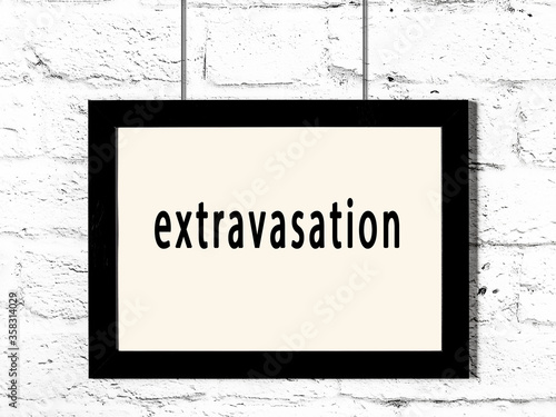 Black frame hanging on white brick wall with inscription extravasation photo