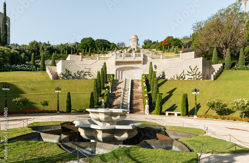 View from Sderot Ben Gurion Avenue to the Bahai Garden in Haifa, Israel photo