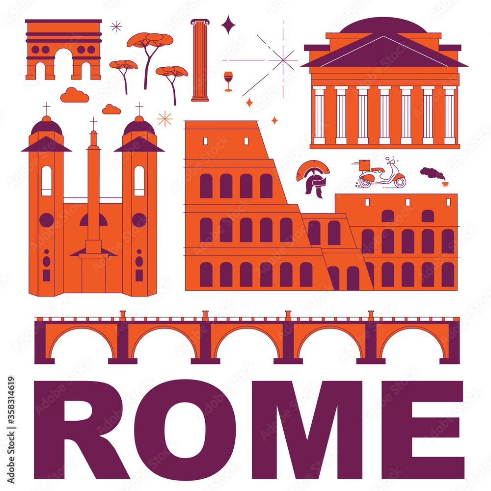 Design Guide To Rome Rome culture travel set, famous architectures and specialties in flat ...