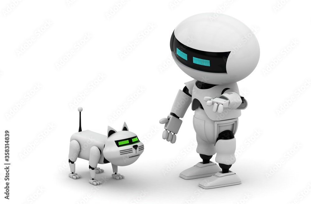 Robot cat. 3d rendering illustration. on Kitten 3d. Droid. 3d render. White Robotic pet. Humanoid. Cyborg. Pet shop. Modern technology. Future. Animal. Mechanical. Futuristic. Stock Illustration | Adobe Stock
