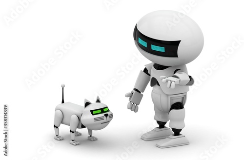 Robot cat. 3d rendering illustration. Isolated on white. Kitten 3d. Droid. 3d render. White cat. Robotic pet. Humanoid. Cyborg. Pet shop. Modern technology. Future. Animal. Mechanical. Futuristic.