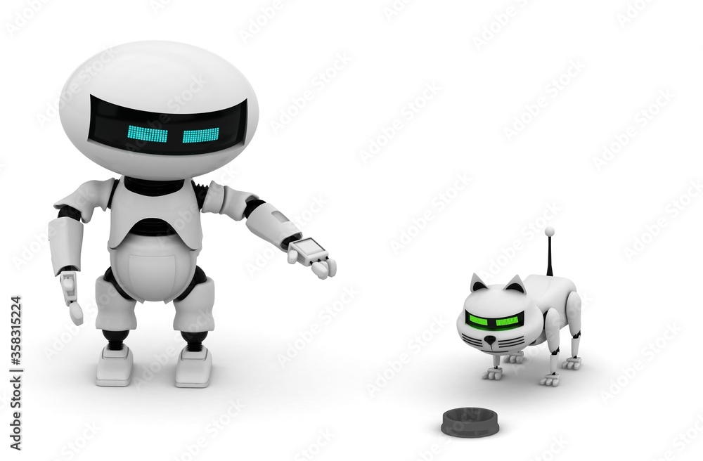 Naklejka premium Robot cat. 3d rendering illustration. Isolated on white. Kitten 3d. Droid. 3d render. White cat. Robotic pet. Humanoid. Cyborg. Pet shop. Modern technology. Future. Animal. Mechanical. Futuristic.