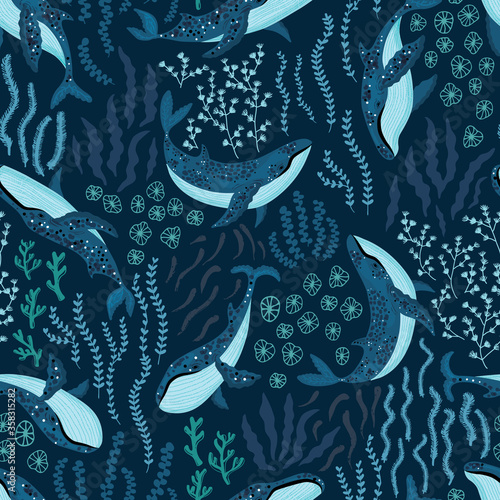 Canvas Print Seamless pattern with underwater humpback whales dancing under the sea on dark blue background