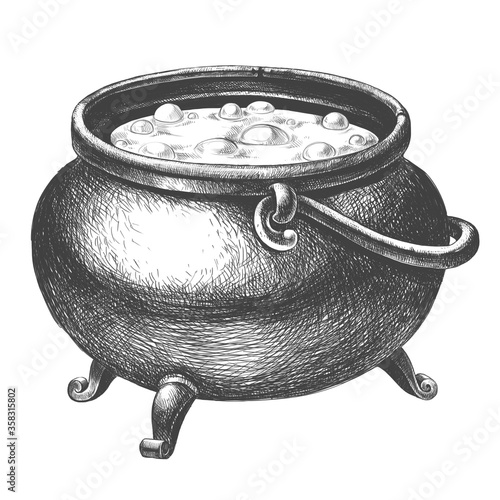 Witch cauldron with potion on a white background