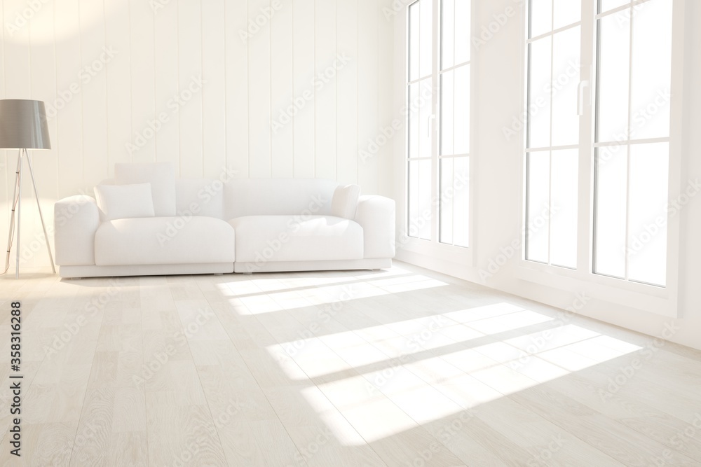 modern room with white sofa and black lamp interior design. 3D illustration