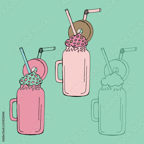 Hand drawn milk shake vector illustration. Collection of refreshing summer cocktails in glasses with cream and straw