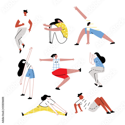 Set of sport exercising people. Training men and women