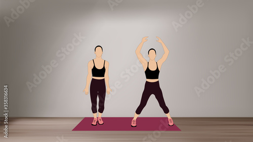 Women doing jumping jacks  - a high-intensity cardio workout at home with no equipment.