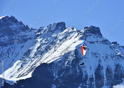 Paragliding on the Eigergletscher , situated in the line between Kleine Scheidegg and Jungfraujoch (Top of the Europe ), Jungfrau Railway , Bernese Oberland, Switzerland