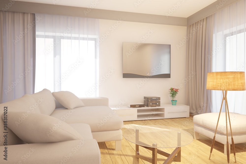 Fototapeta premium modern living room interior design. 3D illustration