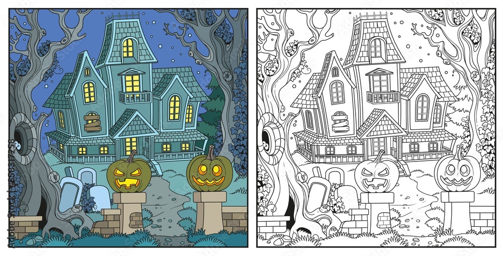 Halloween background with Witch house color and outlined for coloring page