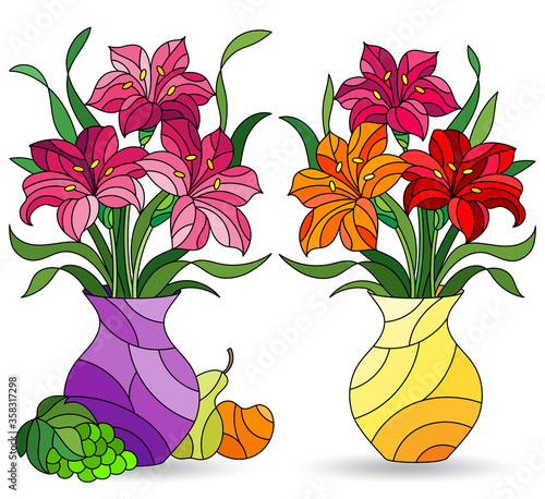 Set of illustrations in stained glass style with floral still lifes, Lily flowers in vases isolated on a white background