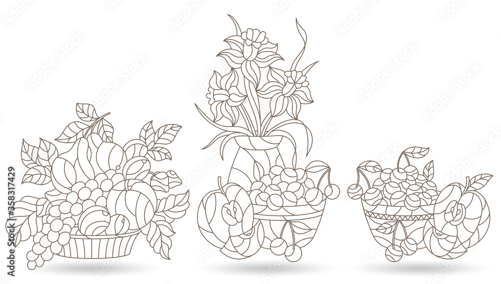 Fototapeta premium Set of contour illustrations in stained glass style with still lifes, Lily flowers and fruits, dark outlines on a white background