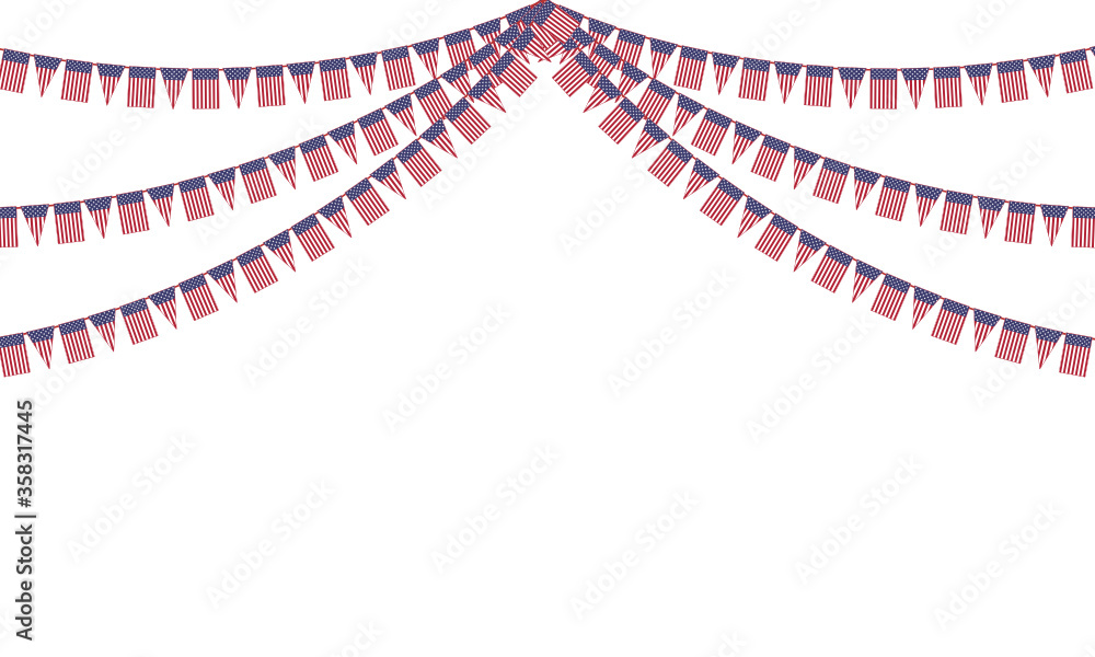Fototapeta premium The Independence Day concept with red and blue pennants hanging above. Vector illustration. Party invitation with carnival flag garlands with some copy space for your text.