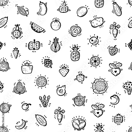 Food Seamless pattern. Set of Doodle Fruits, Vegetables and Berries Icons Vector repeating background 