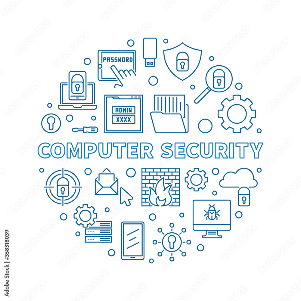 Vector Computer Security round concept creative illustration in outline style