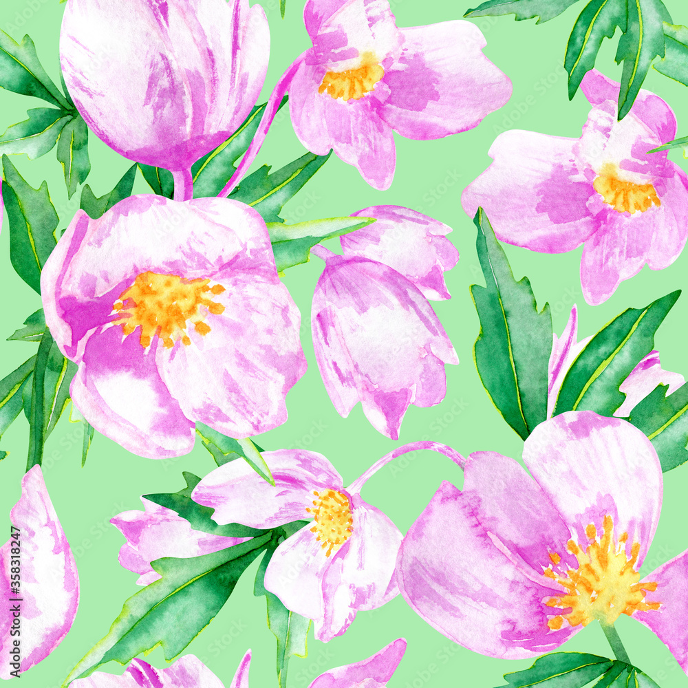 Watercolor floral seamless pattern with pink flowers anemones on a pale green background.