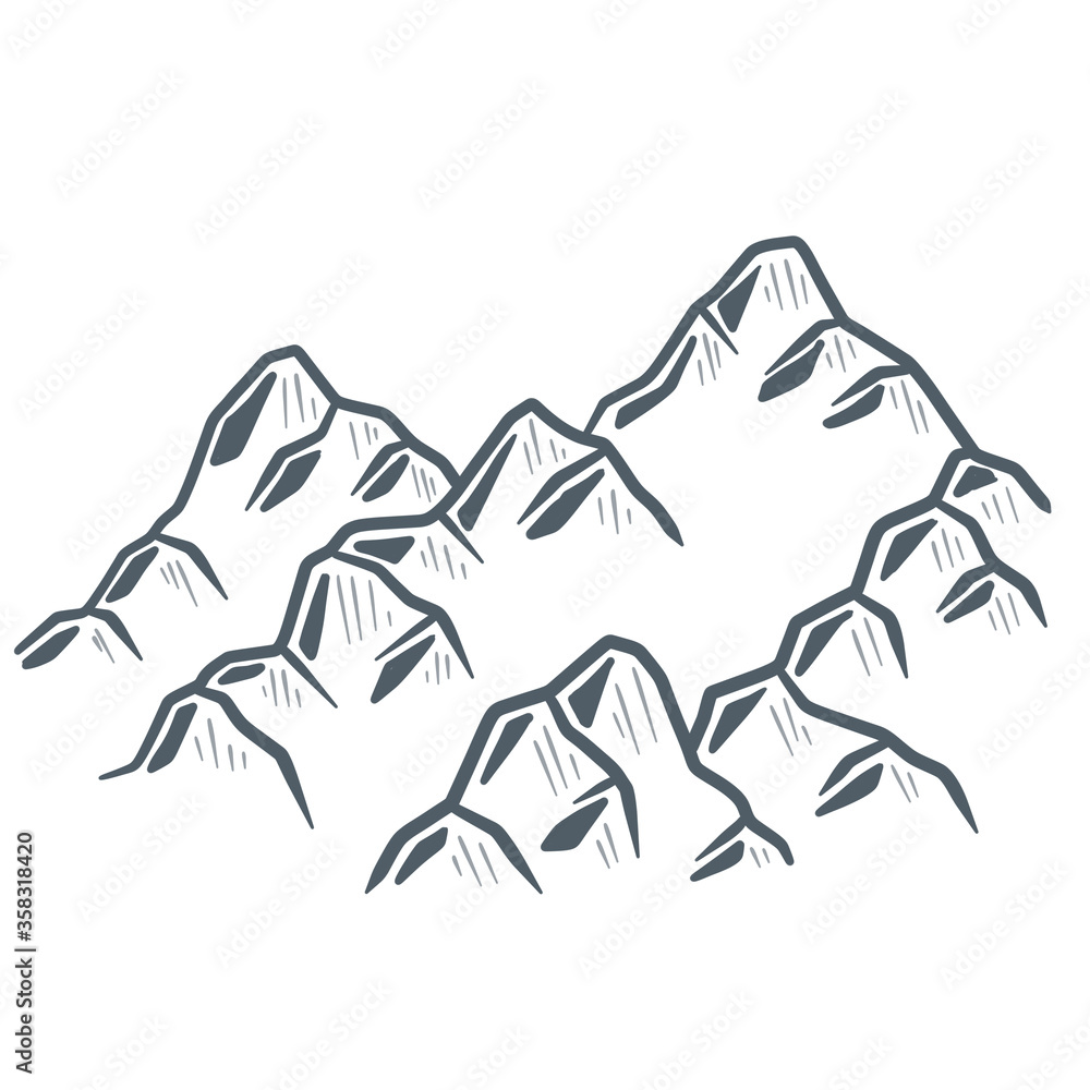 High snow white mountains. Hand-drawn sketch illustration. Natural landscape. Place to climb