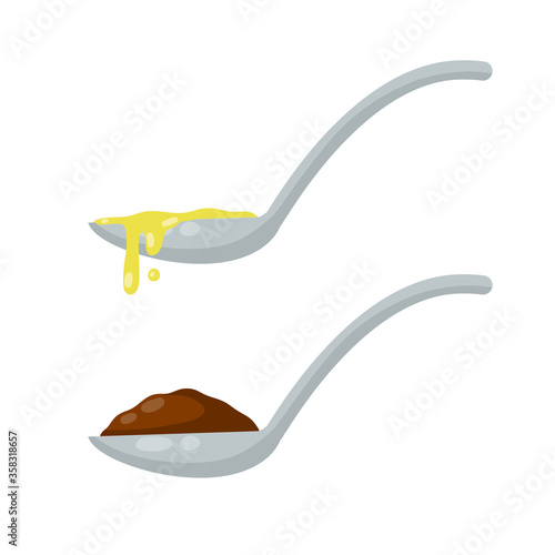 Spoon with food. Teaspoon with chocolate pudding and porridge. Cartoon flat illustration. Set Of elements of the kitchen and dining room